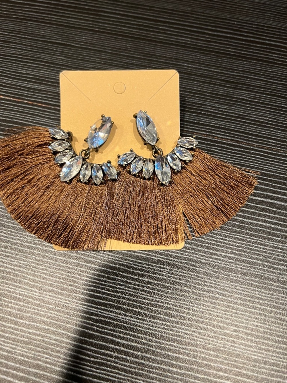 Crystal Fan Brown Tassel Statement Earrings NIP